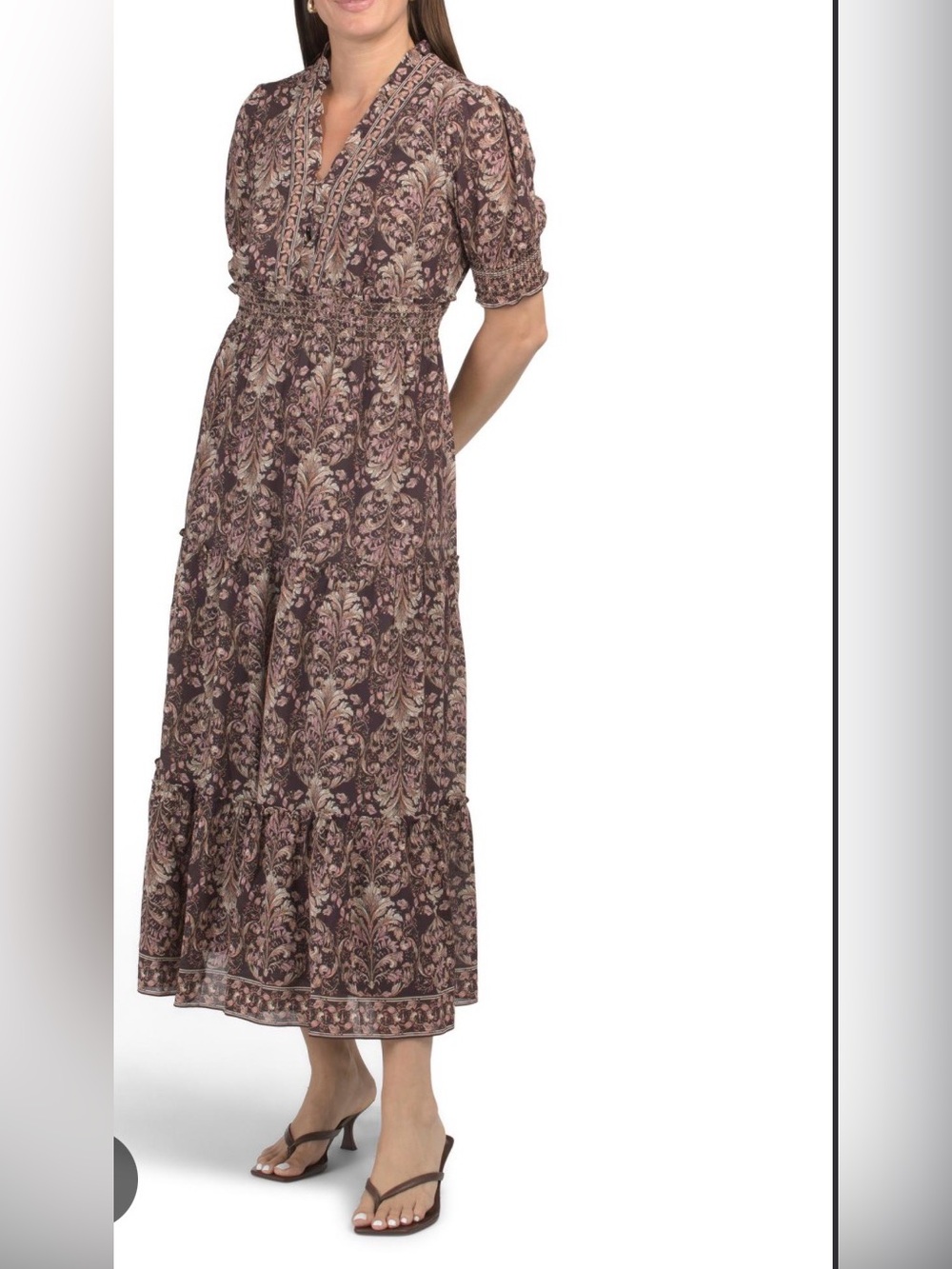 Max studio - V-Neck Floral Midi Dress in Brown
